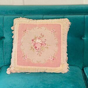 Medium Pillow w/ Pink Embroidered Roses, Biege Velvet & Tassels
